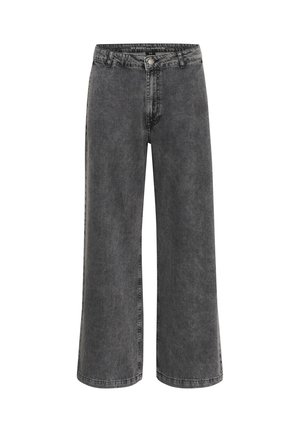Wide-leg trousers in faded black denim, featuring a classic button fly, five-pocket design, and a slightly textured finish.