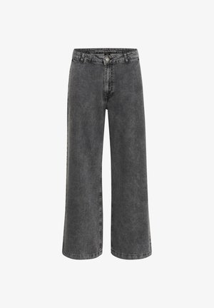 Pantalons larges en denim noir délavé, avec une braguette à boutons classique, un design à cinq poches et une finition légèrement texturée.