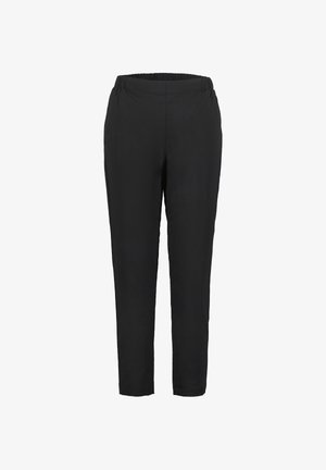 Czarne spodnie z elastycznym paskiem w talii, zwężanym krojem nogawek, gładką teksturą materiału oraz bez widocznych wzorów czy detali metalowych.