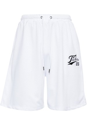 Witte mesh shorts met een elastische tailleband, trekkoordsluiting en zwart geborduurd logo "Fubu 05" op het linkerbeen.