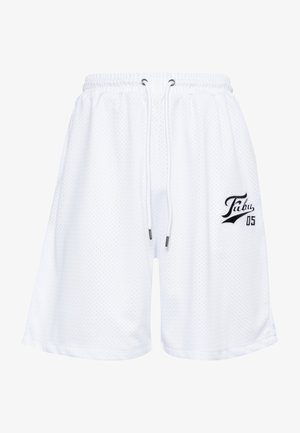 Witte mesh shorts met een elastische tailleband, trekkoordsluiting en zwart geborduurd logo "Fubu 05" op het linkerbeen.
