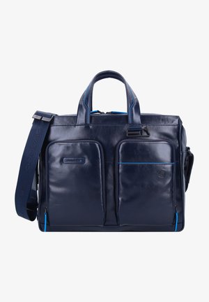 Borsa in pelle blu navy con manici superiori doppi, tracolla rimovibile, due tasche frontali e dettagli in filo blu. Texture liscia e lucida.
