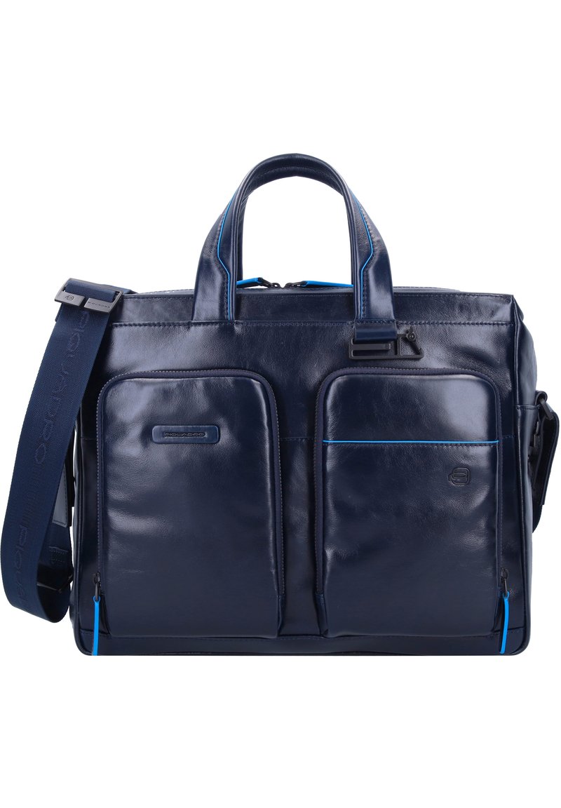 Borsa in pelle blu navy con manici superiori doppi, tracolla rimovibile, due tasche frontali e dettagli in filo blu. Texture liscia e lucida.