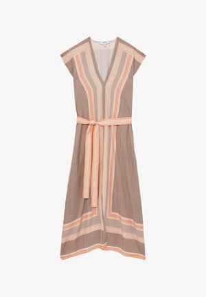 Rudas ir persikų spalvos juostuotas suknelė su V formos iškirpte, trumpomis rankovėmis ir atitinkamu diržu, turinti žuvytės raštą ir kontrastingas apdailas.