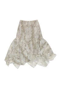 Falda fluida y con volantes en un suave color beige con un sutil patrón de serpiente. Fabricada en una tela ligera y texturizada con un dobladillo con volantes.