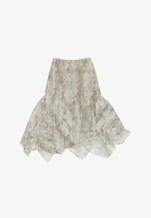 Lekka, warstwowa spódnica w jasnym beżu z subtelnym wzorem w węża. Wykonana z lekkiego, teksturowanego materiału, z falbaniastym dołem.