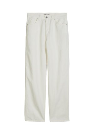 White straight-leg jeans made of cotton. Features a classic five-pocket design, button fly, and contrasting stitching.