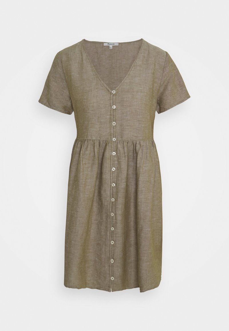 Robe en lin manches courtes couleur vert olive avec col en V et fermeture boutonnée devant, dotée d'une taille plissée et d'un ourlet longueur genou.