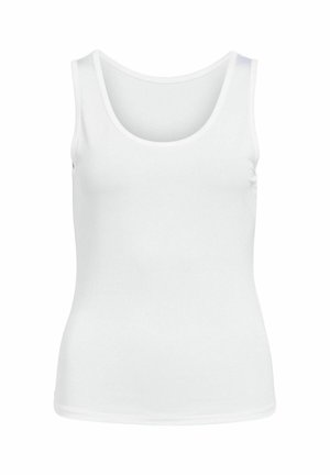 Vit linne i en mjuk, stretchig tyg med rund ringning och en kroppsnära design. Inga synliga mönster eller detaljer.