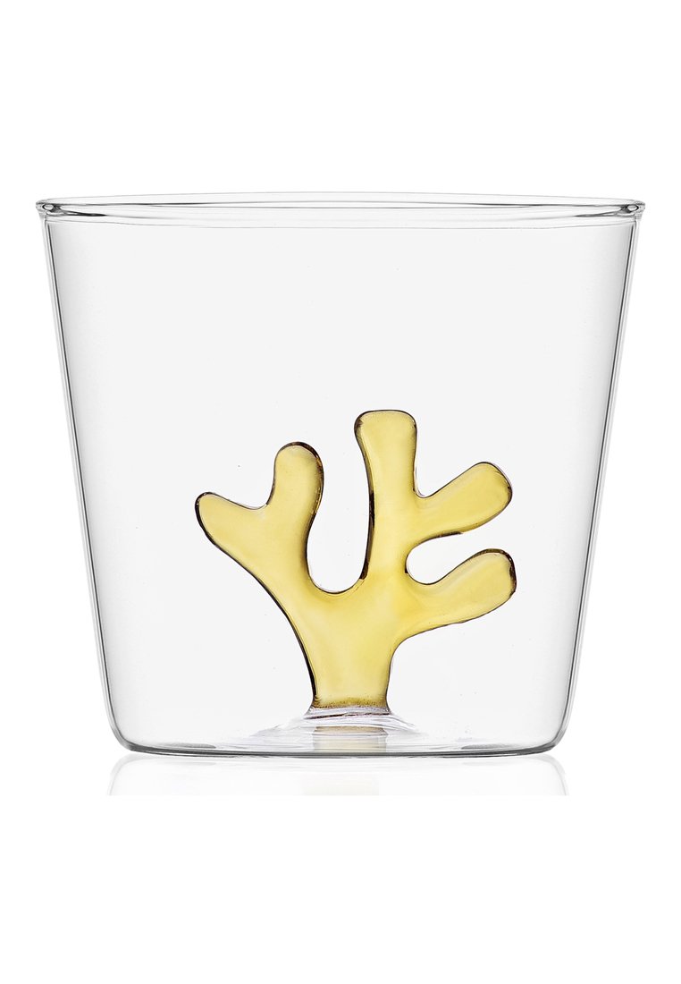 Przezroczysty szklany pojemnik z żółtym akcentem w kształcie korala wewnątrz. Projekt charakteryzuje się gładkimi krawędziami i solidnym kształtem.