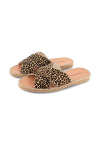 Sandales à glissière à imprimé léopard avec une conception à brides croisées, en tissu beige, et une semelle en caoutchouc plate. Texture lisse avec un semelle intérieure confortable.