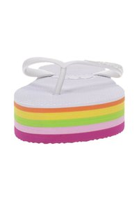 Ciabatte bianche con suola testurizzata e zeppa multicolore a strisce arancioni, verdi, rosa e viola, dotate di sottili tracolle.