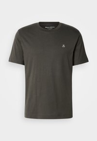 Dark gray short-sleeve crew neck T-shirt with small white "M OP" logo on the left chest and "Marc O'Polo" label inside collar.