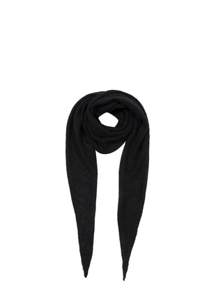 Black triangular scarf with soft texture, arranged in a loop with pointed ends hanging down.