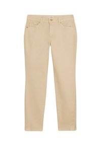 Pantalones de mezcla de algodón beige con un diseño de pierna recta, que cuentan con un cierre frontal de botón, trabillas para cinturón y bolsillos laterales.