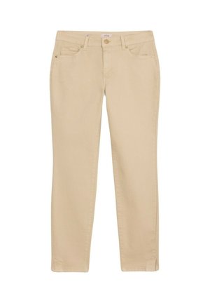 Beige cotton blend trousers with a straight-leg design, featuring a front button closure, belt loops, and side pockets.