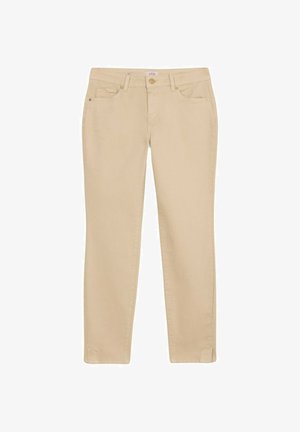 Beige cotton blend trousers with a straight-leg design, featuring a front button closure, belt loops, and side pockets.