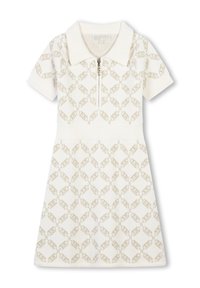 Ivory knit short-sleeve dress with collar, front zipper, and beige chain-link pattern throughout the fabric.