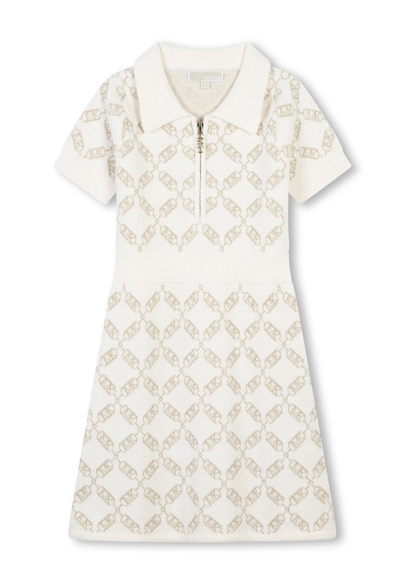 Ivory knit short-sleeve dress with collar, front zipper, and beige chain-link pattern throughout the fabric.