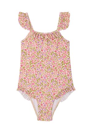 Floral toddler swimsuit with pink, purple, and green flowers, featuring ruffled shoulder straps and ruffled leg openings.