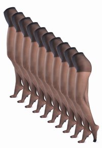 Collant neri trasparenti esposti in fila, caratterizzati da una texture liscia, vita alta e punta chiusa. Gambe uniformemente sagomate con finitura opaca.