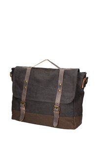 Borsa messenger in tela grigia scura con dettagli marroni, spallacci in pelle e hardware in metallo. Presenta una chiusura a patta e una maniglia superiore.