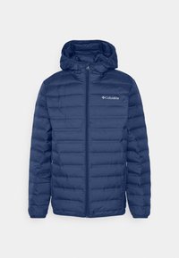 Giacca a vento trapuntata blu navy con cappuccio, dotata di zip frontale e tasche laterali, realizzata in materiale isolante trapuntato.