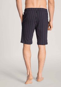 Marine gestreepte zwemshort met een elastische tailleband. Verticale strepen in rood en wit. Beschikt over zijzakken en een losse pasvorm.