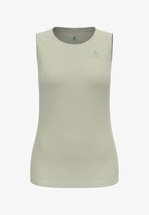 Débardeur sportif beige clair sans manches avec col rond et petits logos sur la poitrine et le côté inférieur.