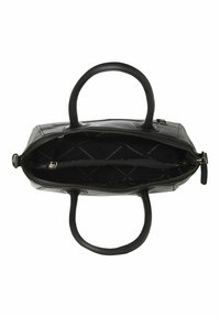 Borsa a mano in pelle nera con due manici, una chiusura con zip e un interno foderato con un motivo a diamante e una tasca con zip.