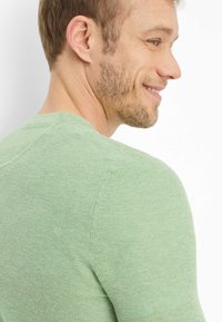 Lichtgroene gebreide trui met een ronde hals, gestructureerde stof en ingezette mouwen, met gedetailleerde steken en een comfortabele pasvorm.