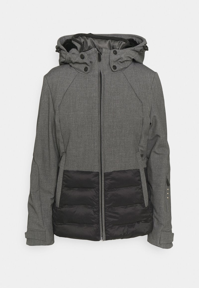 Veste d'hiver grise à capuche avec panneaux inférieurs avant matelassés noirs et fermeture éclair, conçue pour le temps froid.