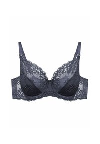 Czarny koronkowy biustonosz z kwiatowym wzorem, z fiszbinami, regulowanymi ramiączkami oraz gładką tkaniną z półprzezroczystą nakładką.