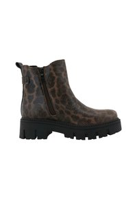 Hnědé kotníkové boty s leopardím potiskem, texturovaným povrchem, bočním zipem a robustní černou gumovou podrážkou s drážkovaným designem.