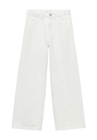 Bela široka jeans hlače iz bombažnega denima, z klasičnim pet-pocket dizajnom, sprednjim gumbom in brezšivnim pasom.