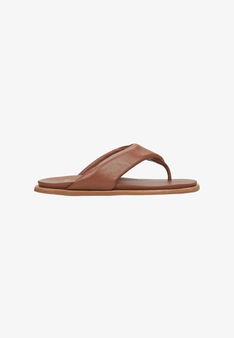 Brown leather flip-flop sandal with a seamless design, featuring a thong strap and a flat sole with tan rubber edging.