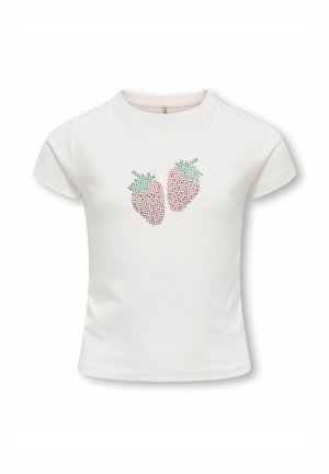 White short-sleeve t-shirt with two stylized strawberries made of small red and green dots on the chest.