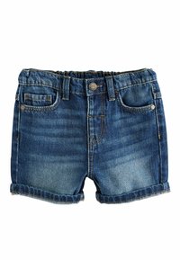Jeansshorts mit blauer Waschung, ausgestattet mit einem umgeschlagenen Saum, traditionellem Fünf-Taschen-Design und einem Knopfverschluss mit kontrastierenden Nähdetails.