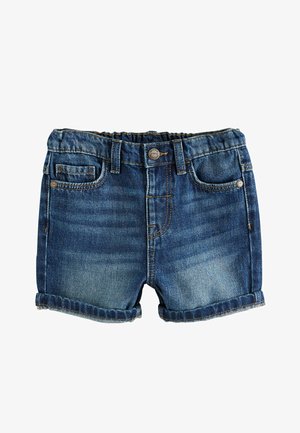 Denim šorti ar zilu mazgāšanu, ar saliektu maliņu, tradicionālo piecu kabatu dizainu un pogu aizdari ar kontrastējošām šuvēm.