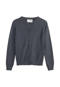 Grau gestrickte Strickjacke mit rundem Ausschnitt, vorderen Knöpfen und gerippten Manschetten und Saum. Das Material hat eine glatte Textur und eignet sich gut zum Schichten.