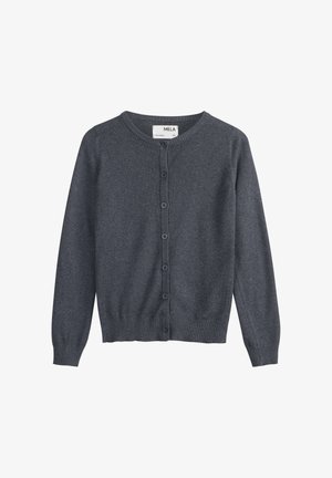 Grau gestrickte Strickjacke mit rundem Ausschnitt, vorderen Knöpfen und gerippten Manschetten und Saum. Das Material hat eine glatte Textur und eignet sich gut zum Schichten.