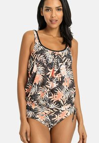 Maillot de bain floral avec un fond noir orné de fleurs pêches et blanches, côtés ajustables à nouer, et un design décontracté.
