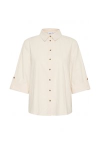 Camicia crema con colletto, maniche a tre quarti e bottoni dorati sul davanti. Realizzata in tessuto leggero.