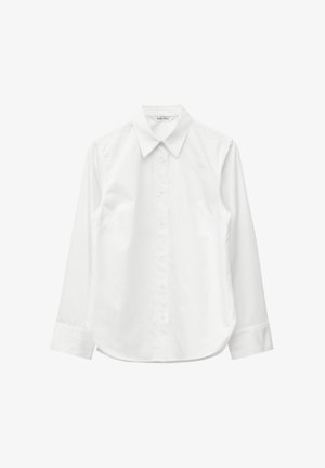 Wit overhemd met lange mouwen, knoopsluiting, puntige kraag en manchetten, vlakliggend getoond tegen een witte achtergrond.