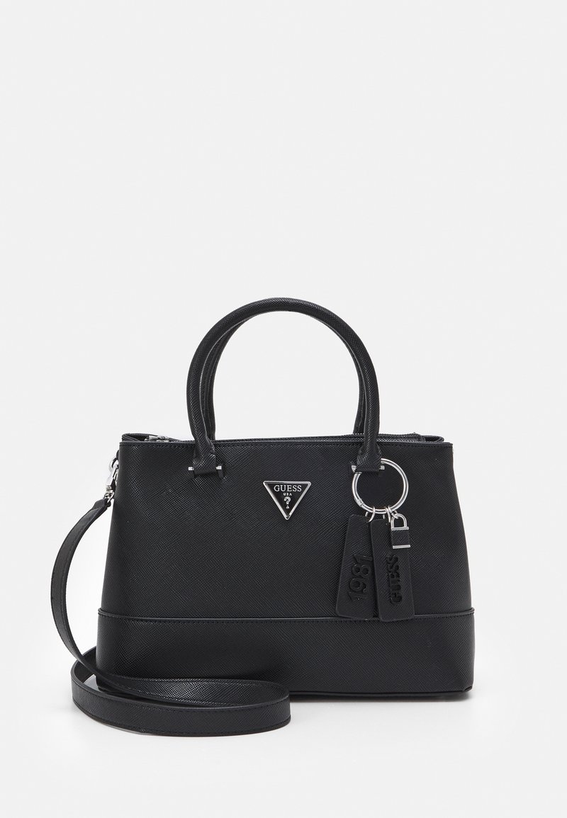 Black textured synthetic handbag with dual handles, a detachable shoulder strap, and silver hardware, featuring a logo plaque and charm.