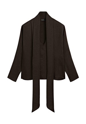 Mörkbrun långärmad blus med djup V-ringning och långa, breda scarf-liknande band som hänger ner fram.
