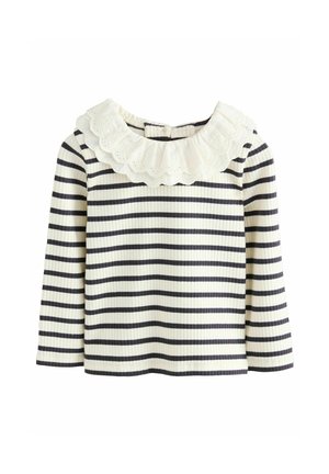Pull rayé avec un col en dentelle blanc à bords festonnés. Présente des rayures horizontales navy et crème, une texture côtes et des manches longues.