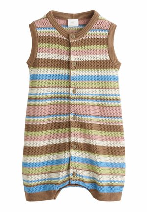 Bezrukávový pletený detský overal s gombíkmi vpredu, so zelenočervenými pásikmi v hnedej, ružovej, modrej, zelenej a krémovej farbe.