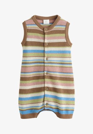 Ärmelloser gestrickter Baby-Strampler mit Knopfleiste vorne, mit horizontalen Streifen in Braun, Rosa, Blau, Grün und Creme.