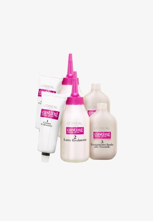 Set di colore per capelli L'Oréal Paris Casting Crème Gloss con tubetti e flaconi etichettati 1 Crema Colorante, 2 Latte Rivelatore e 3 Trattamento finale.